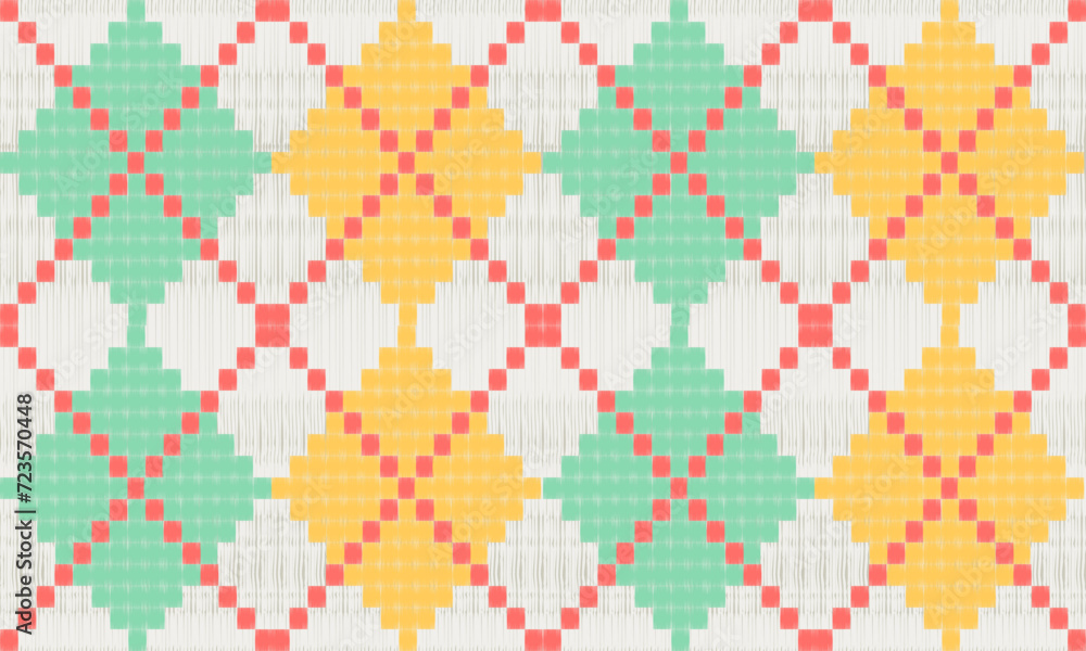 Ikat embroidery on a white background. geometric crochet and knitting patterns are traditional. Aztec-style. design for texture, fabric, clothing, wrapping, decoration, rugs, carpet, bag Ikat embroidery on a white background. geometric crochet and knitting patterns are traditional. Aztec-style. design for texture, fabric, clothing, wrapping, decoration, rugs, carpet, bag