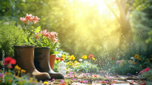 Gardening background with flowerpots made of used plastic bottles, boots and used glass jar, water sprinkler in sunny spring or summer garden background. photo