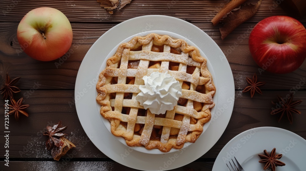 top view flat lay of a hot apple pie served on a white plate on a wooden table with copy space. Served with whipped cream or vanilla ice cream. Smoke effect. top view flat lay of a hot apple pie served on a white plate on a wooden table with copy space. Served with whipped cream or vanilla ice cream. Smoke effect.
