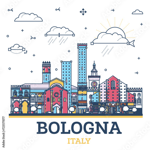 Outline Bologna Italy City Skyline with colored Historic Buildings Isolated on White. Bologna Cityscape with Landmarks.