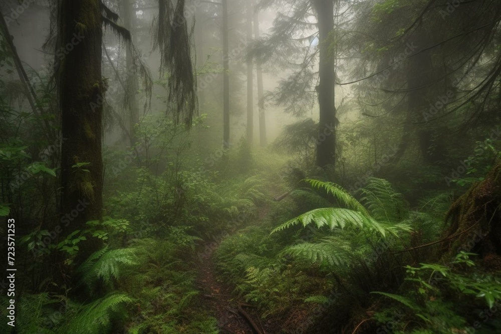 In a dense forest, gentle mist covers tall trees and lush undergrowth. Generative AI