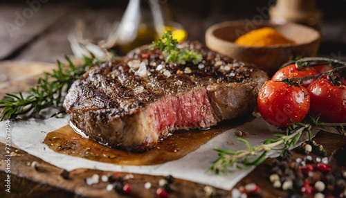 Generated image  product shot of a juicy steak , artisan, rustic, food photography, delicious, close up shot photo