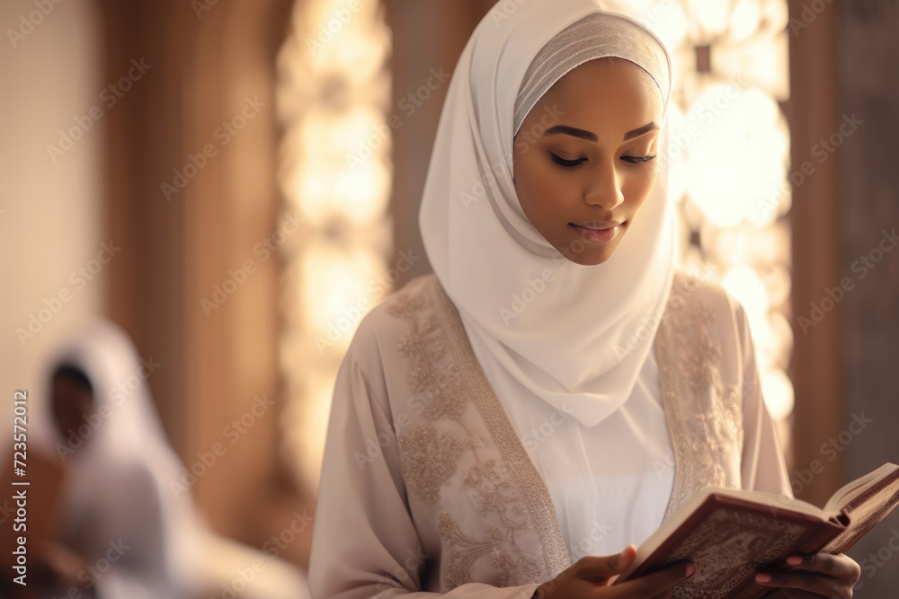 Woman in a white shawl reading a book Woman in a white shawl reading a book