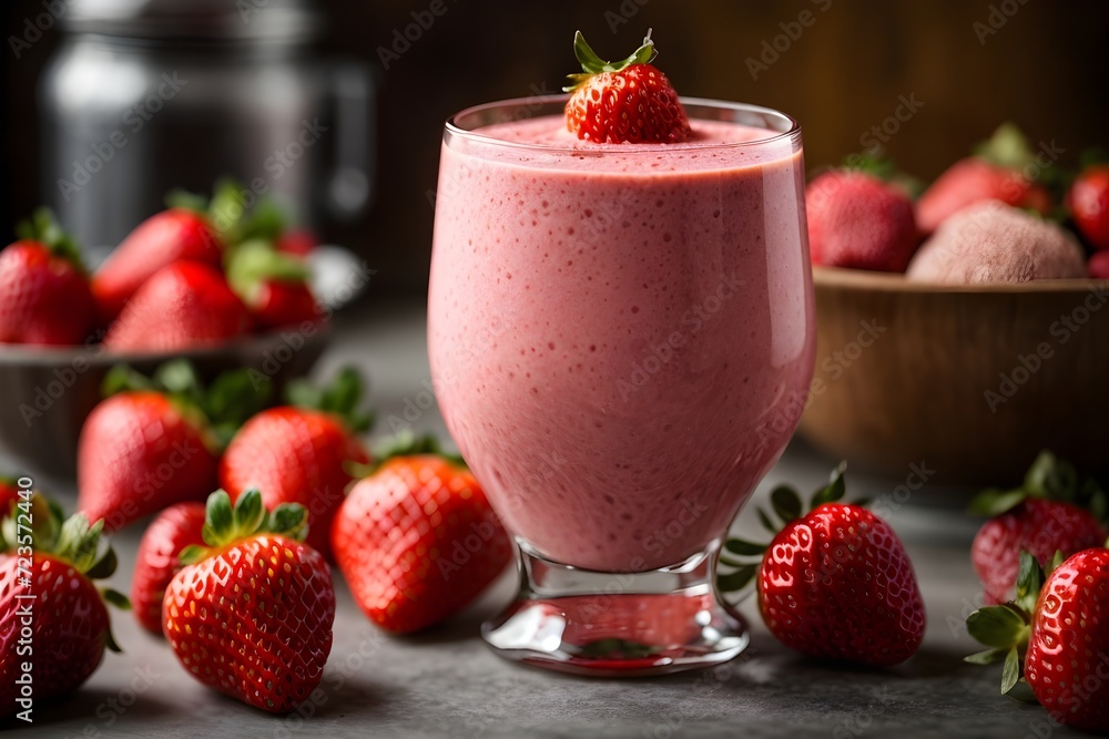 Strawberry smoothie or milkshake in a glass with fresh berries. Summer refreshing drink Strawberry smoothie or milkshake in a glass with fresh berries. Summer refreshing drink