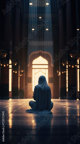 A person in a robe meditating in front of a mosque