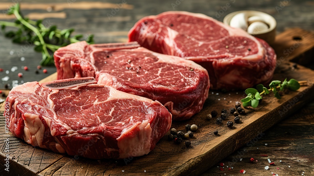 Fresh raw Prime Black Angus beef steaks on wooden board. copy space for text.