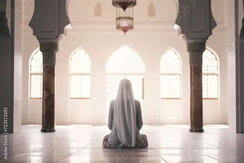 A woman in a hijab meditating in a decorative building