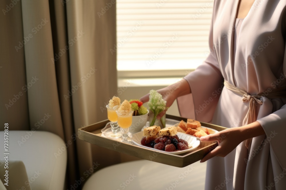 A woman in a robe serving breakfast in bed A woman in a robe serving breakfast in bed