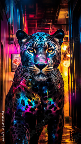 he enigmatic panther, clad in a sleek midnight velvet coat, prowls through a neon-lit urban jungle. A diamond-studded collar gleams, and its emerald eyes reflect the city's nocturnal mystique, exuding © Дмитрий Симаков