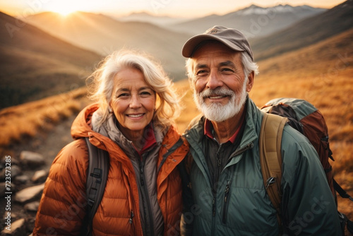 Portrait of a happy senior couple hiking in the mountains. They are looking at camera and smiling.