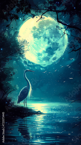 Elegant egret in a satin gown, accessorized with pearl earrings, against a tranquil lake backdrop, lit with moonlit glow, emanating timeless elegance and grace