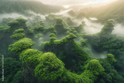 Mysterious forest landscape in fog  green mountain environment with misty trees  natural travel and adventure background