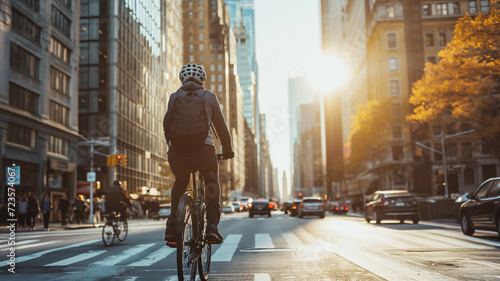urban cyclist rides through the empty streets of the city at sunrise, with the golden light  © Kamonwan