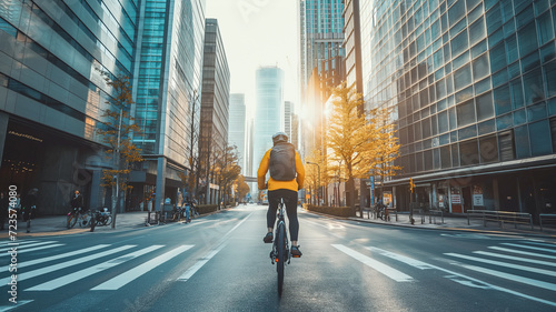urban cyclist rides through the empty streets of the city at sunrise, with the golden light 