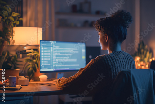  programmer is immersed in lines of code on his computer screen, illuminated only by the soft glow of a desk lamp