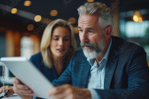 Seasoned businessman utilizes tablet, guiding younger colleague in a dynamic modern office, fostering collaborative discussions and knowledge exchange.