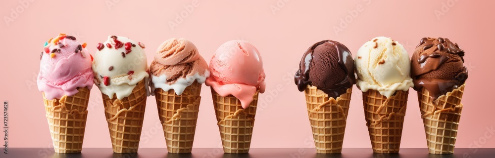 Row of delicious and colorful ice creams in cones. Banner of ice cream scoops of various flavors on peach or salmon background. Generative AI. Row of delicious and colorful ice creams in cones. Banner of ice cream scoops of various flavors on peach or salmon background. Generative AI.