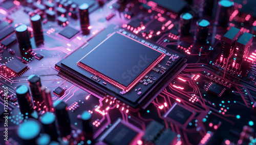 Central Computer Processors and CPU mockup 3d render for quantum computing, data and graphics. Neon, blue and futuristic gpu chip design closeup for online business, microchip and science engineer photo