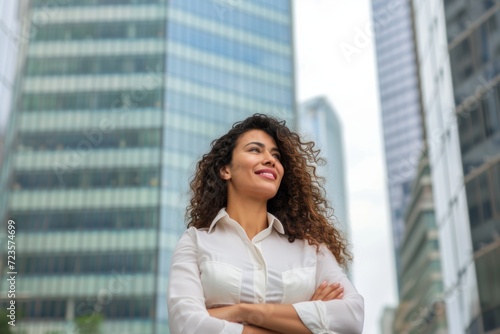 Free Download A young businesswoman stands in an urban setting and thinks of business opportunities. - GFXLoad