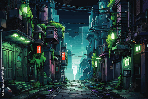 Illustration of a futuristic city at night.