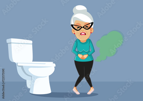 Elderly Woman Rushing to Use the Toilet Vector Cartoon illustration. Old granny feeling embarrassed about gas incontinence problem 
