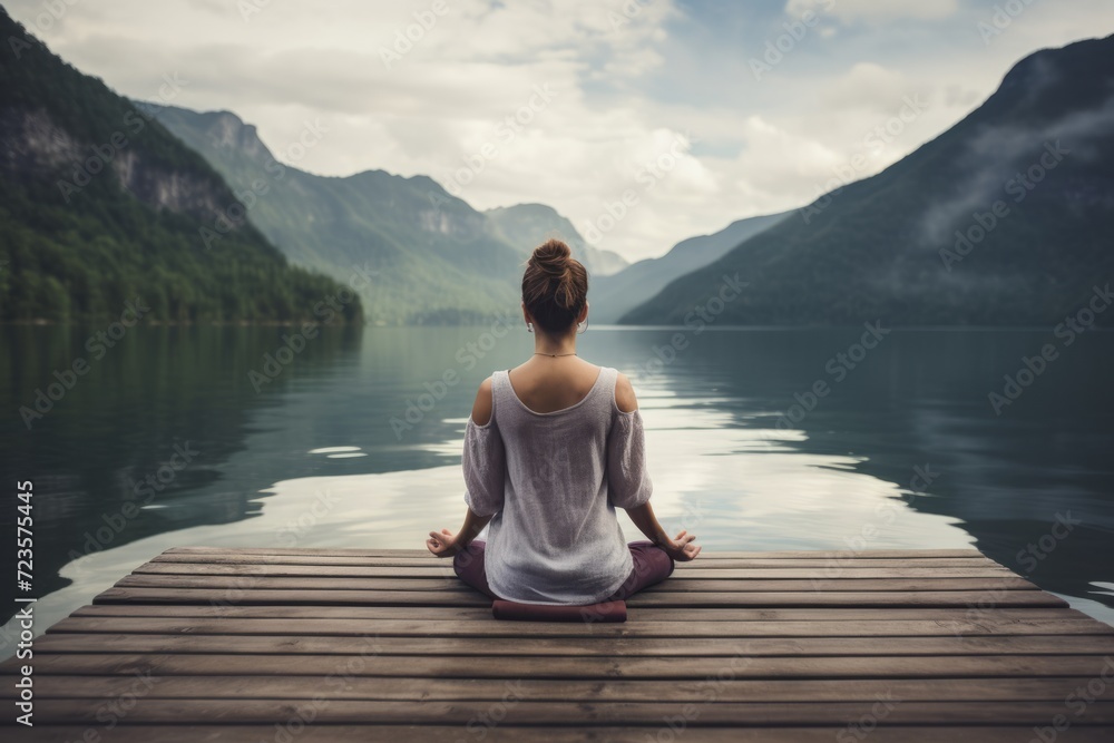Young woman is meditating on wooden pier Young woman is meditating on wooden pier