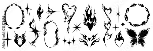 Set of y2k flame elements, star, fire and heart shape. Tattoo art hand drawn stickers. Aesthetic of 90s, 2000s. Vector isolated illustration. © gorozhinak