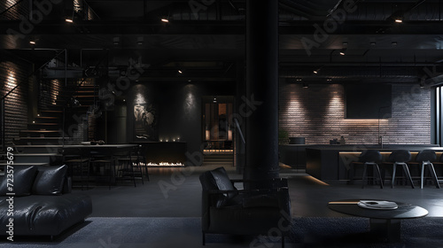 Dark black luxury industrial loft garage interior in the city at night, black brick walls, black furniture, everything black, minimal warm white lighting in the corner