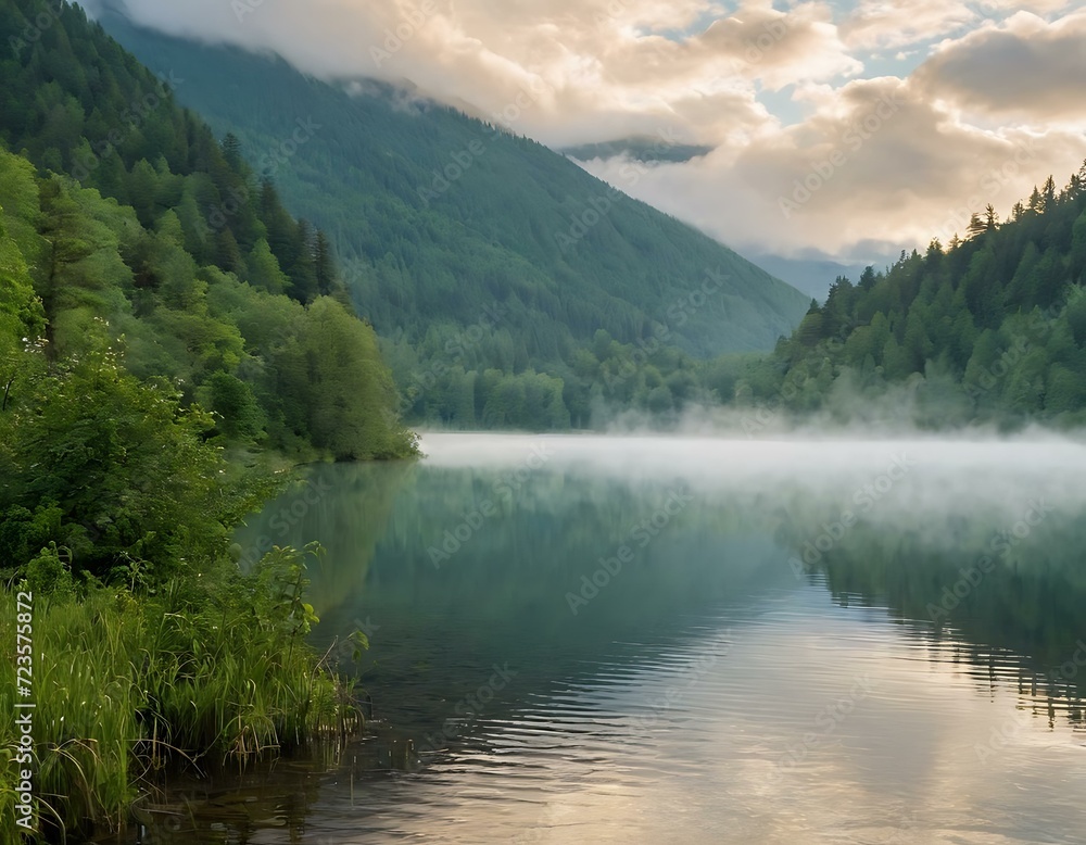 A tranquil lakeside scene with mist rising from the water, surrounded by lush forests and mountains in the distance, providing an idyllic backdrop for eco-friendly or outdoor adventure gear