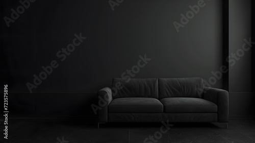 sofa in a dark empty minimalistic studio blank room with black floor and black wall