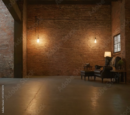 A minimalist, industrial-inspired environment with exposed brick walls and minimalist furnishings, projecting an image of urban sophistication and raw beauty