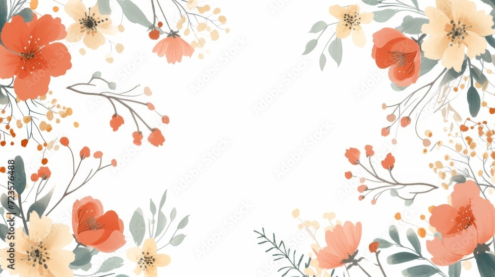 A floral border with peach and yellow flowers, green leaves against a white background. A floral border with peach and yellow flowers, green leaves against a white background.