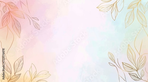 Watercolor botanical illustration with leaves and a pink and turquoise gradient background.