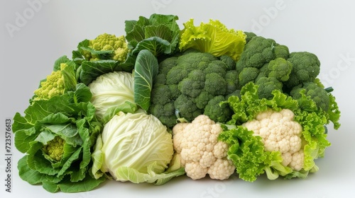 An assortment of green vegetables, featuring broccoli, cauliflower, and lettuce, organic farming and green eating