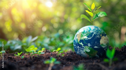 A conceptual image of the Earth with a small tree sprouting on top, symbolizing growth and environmental care.