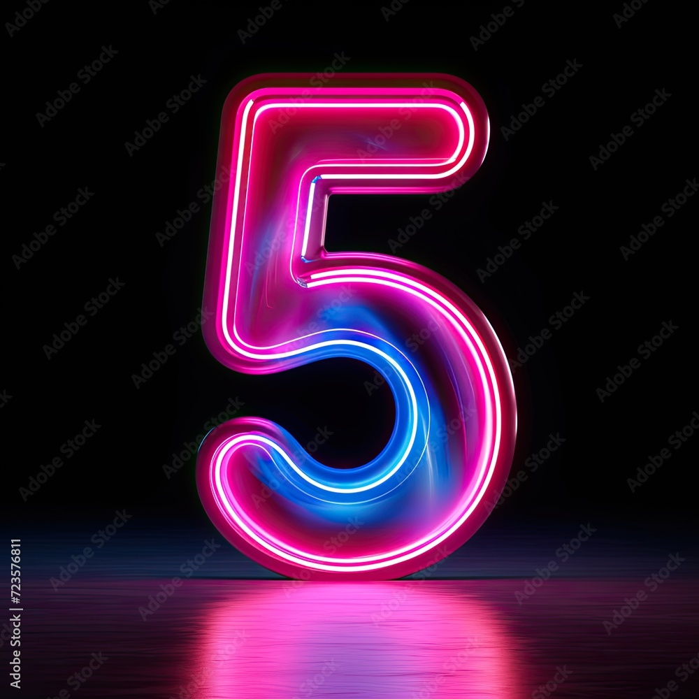 3d render, number five, pink blue gradient neon light glowing in the dark, Bright color, ultra realistic 3d render, number five, pink blue gradient neon light glowing in the dark, Bright color, ultra realistic