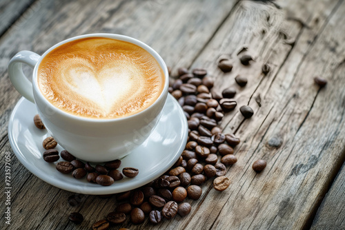 Coffee cup with heart shape latte art and coffee beans on old wood background with copy space © ttonaorh