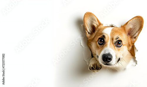 Portrait of cute corgi peeking out of a hole isolated on white background with copy space. Banner with dog peeps on above for pet shop. Pet care and animals concept for poster, ads, card. photo
