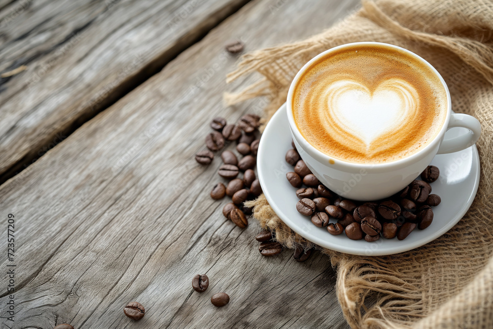 Coffee cup with heart shape latte art and coffee beans on old wood background with copy space - obrazy, fototapety, plakaty 