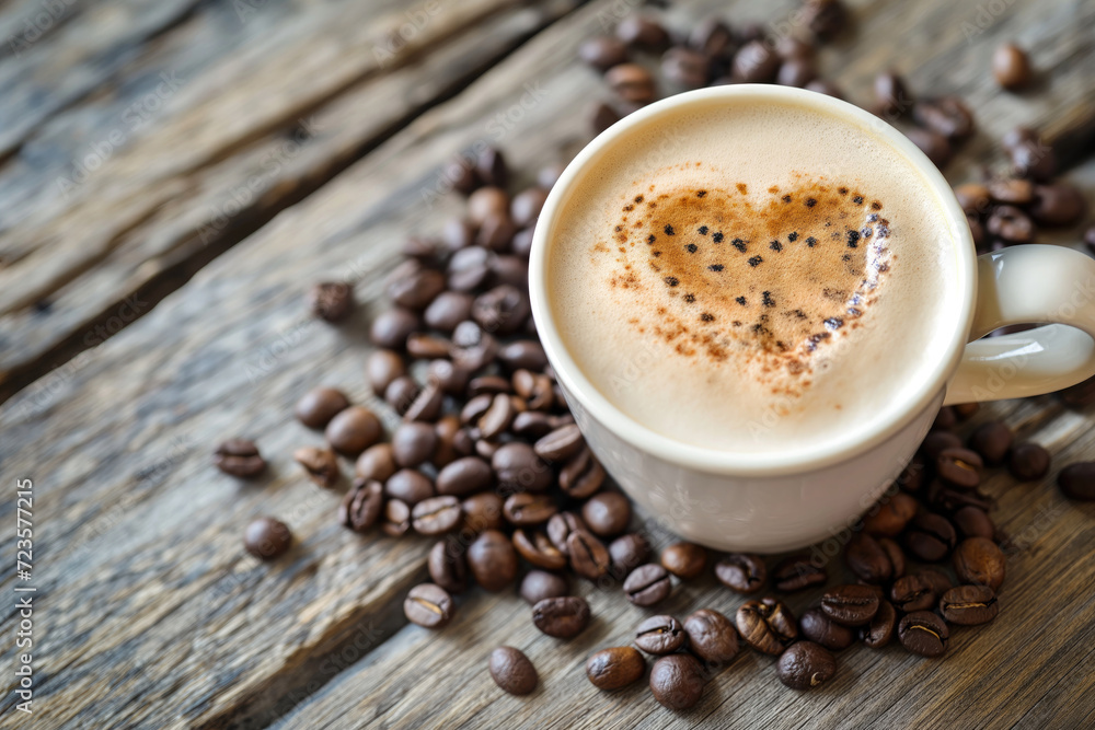 Coffee cup with heart shape latte art and coffee beans on old wood background with copy space Coffee cup with heart shape latte art and coffee beans on old wood background with copy space