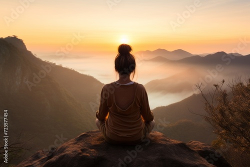 Young woman is meditating at the edge of the mountain