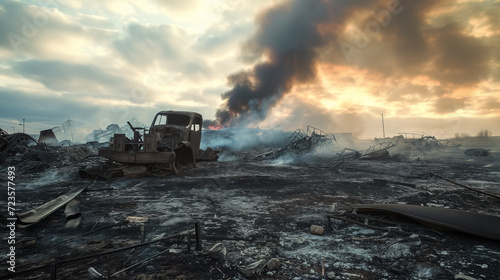 Post-apocalyptic landscape with burning debris. © RISHAD