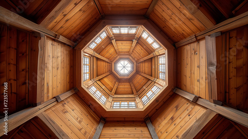 Octagonal wooden ceiling with skylight. photo