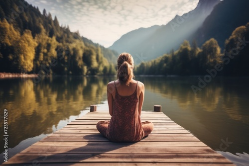 Young woman is meditating on wooden pier