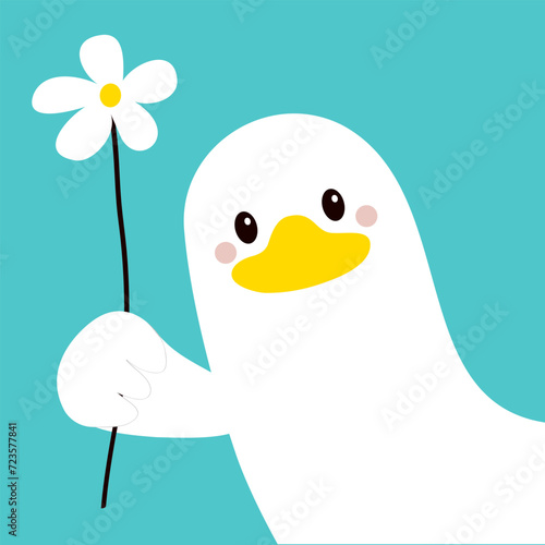 Goose Duck face head. Waving wing hand from the corner. White bird holding daisy chamomile flower. Cute cartoon kawaii funny character. Flat design. Greeting card banner template. Blue background.