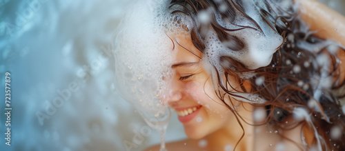 Woman smiling with shampoo foam in her hair. photo