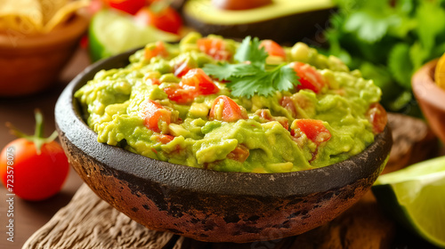 Fresh guacamole in a bowl with tomatoes.