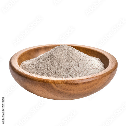 pile of finely dry organic fresh raw white chia seed flour powder in wooden bowl png isolated on white background. bright colored of herbal, spice or seasoning recipes clipping path. selective focus photo