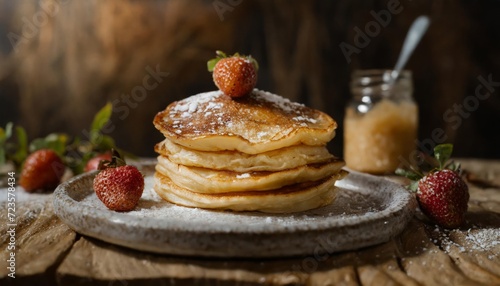 Generated image product shot of a juicy pancake with strawberry on top, artisan, rustic, food photography, delicious, close up shot