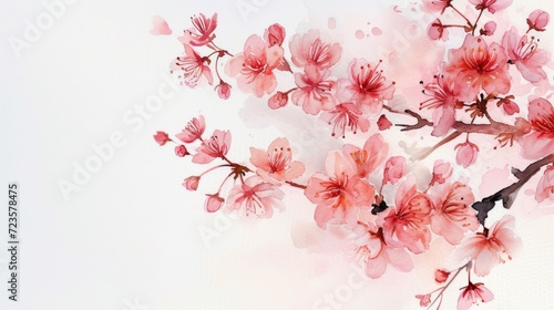 Pink watercolor illustration of cherry blossoms on a branch  Japanese style watercolor